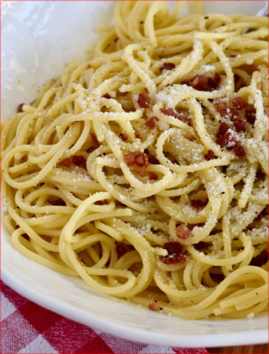 mỳ ý Carbbonara với pho mát vụn và Pancetta Coppata thái nhỏ