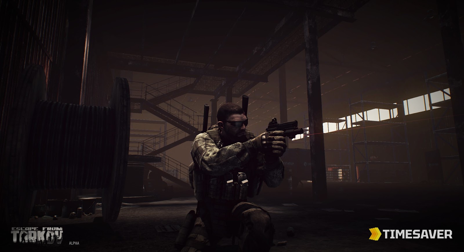 An Escape from Tarkov operator aiming a rifle during a tense raid in an industrial area