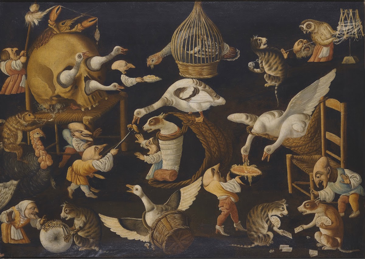 A Grotesque Scene With Animals Playing And A Dog Wrapped In Swaddling Clothes