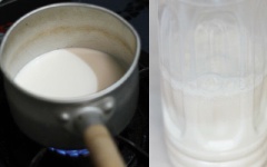 Cho 150ml sữa tươi không đường, 2 muỗng cà phê đường trắng vào nồi, bắc lên bếp, khuấy đều nhỏ lửa đến khi thấy sữa ấm là được.