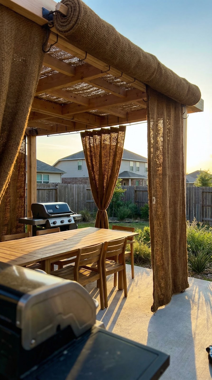 Outdoor kitchen with roll up coir curtains and shade cover