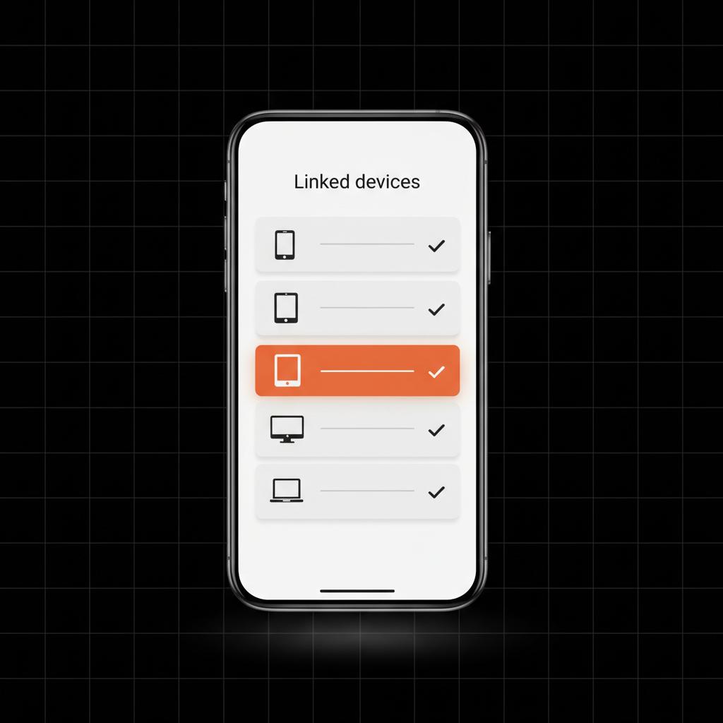 Minimal vector infographic of a smartphone linked devices list with one device highlighted in orange—how to know if my WhatsApp is being monitored