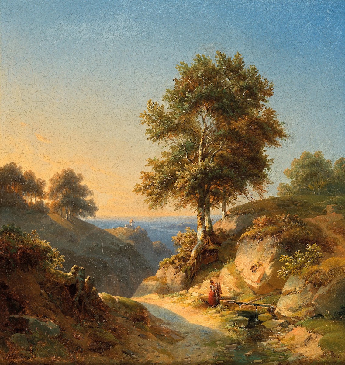 A Mountain Landscape with a Woman at Spring Fountain