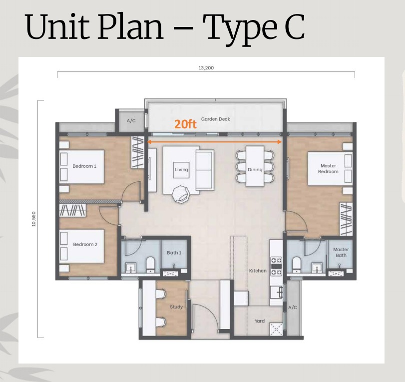 Amika Residence Type C floor plan — 1227 sq ft, 3 bedrooms