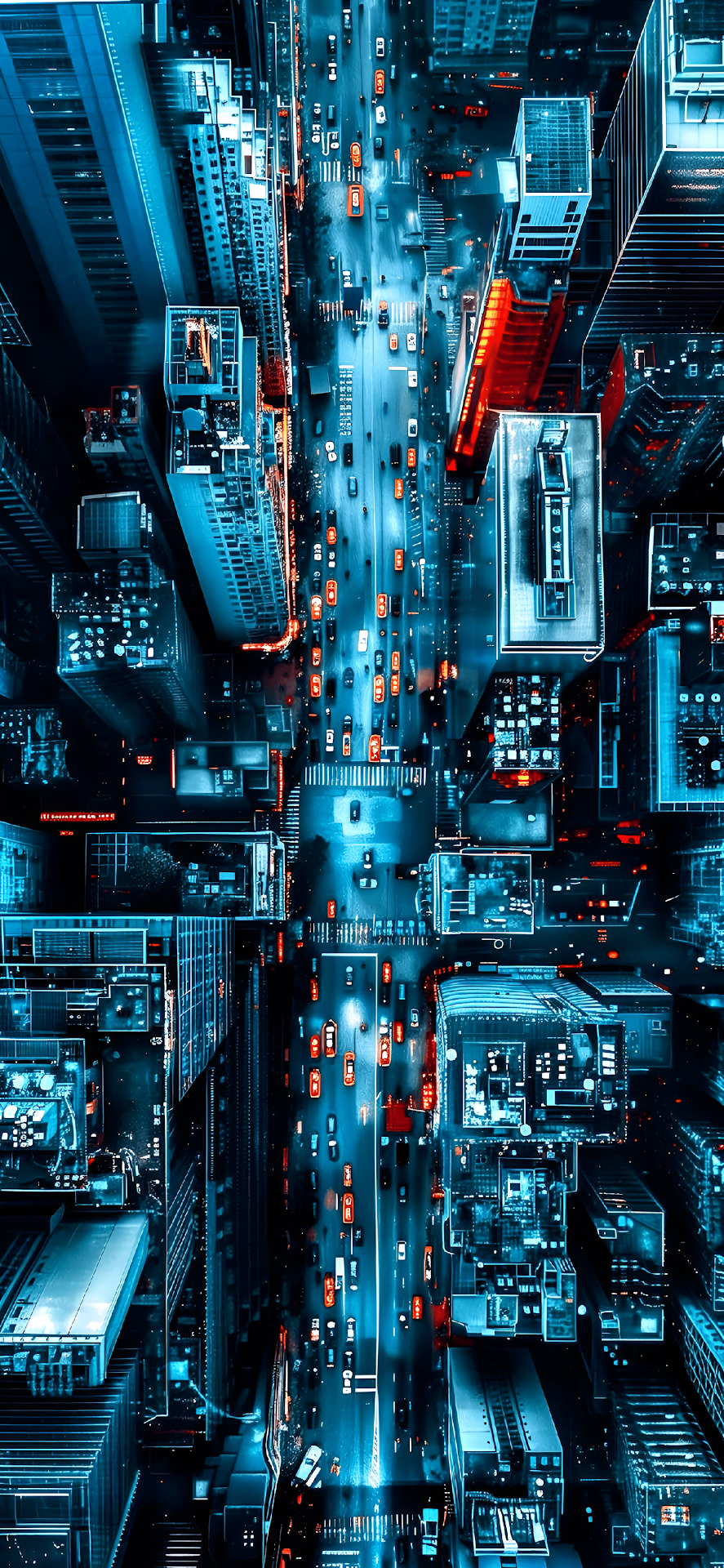 Aerial View of Neon City Streets at Night with Traffic - Free 4K mobile Wallpaper