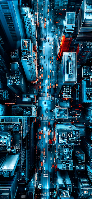Aerial View of Neon City Streets at Night with Traffic - Free mobile Wallpaper