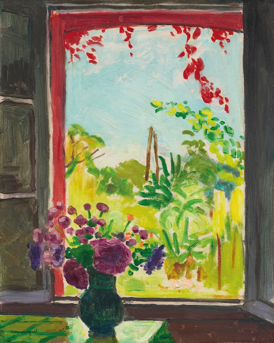 Bouquet sur une table devant la fenêtre à Méricourt 1937