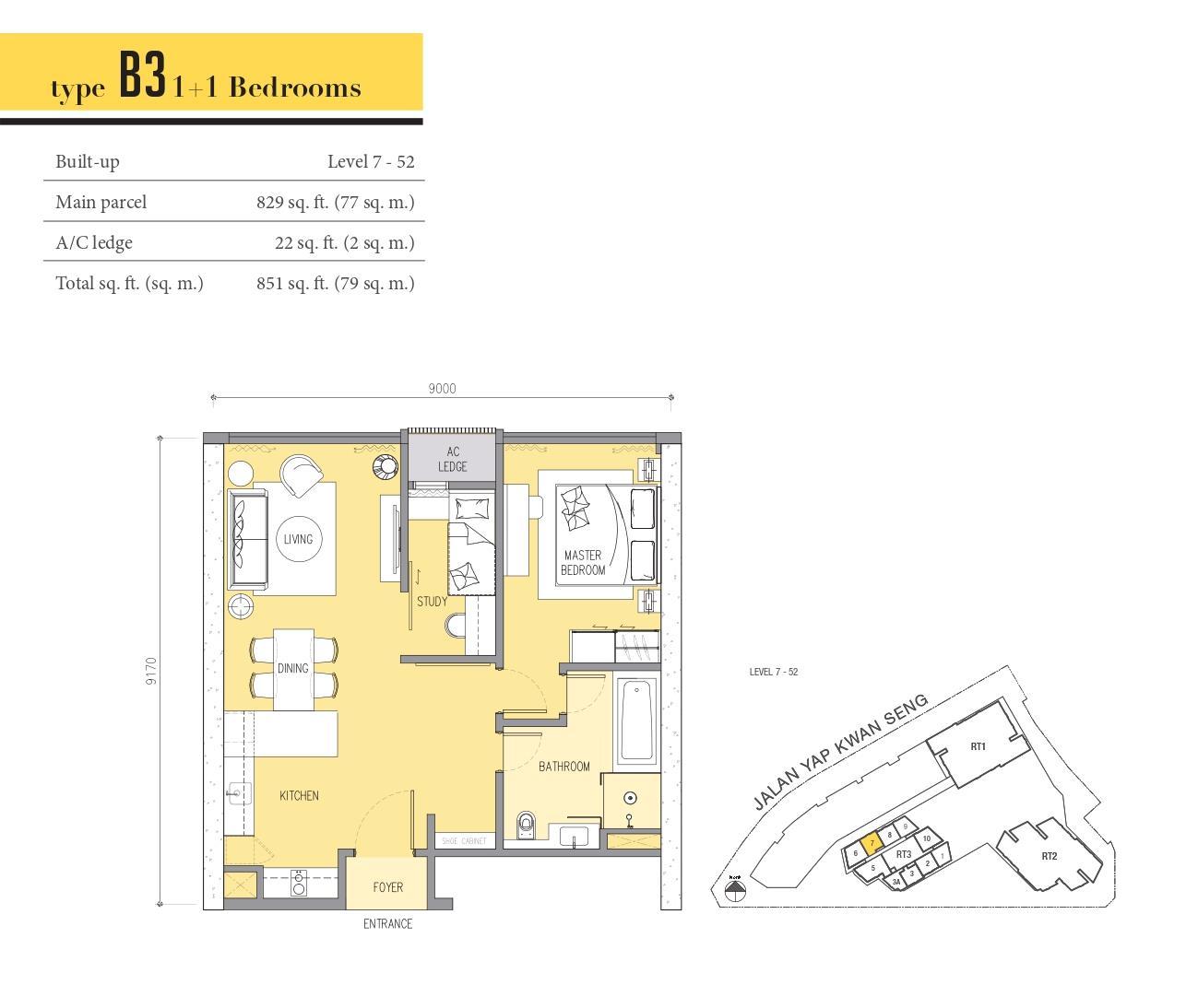 Type B3 floor plan, 851 sqft