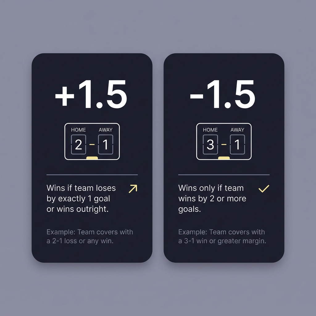 Minimal infographic showing puckline comparison plus1.5 versus minus1.5 with two small scoreboards illustrating win by one and win by two scenarios on Funded Plays dark brand background