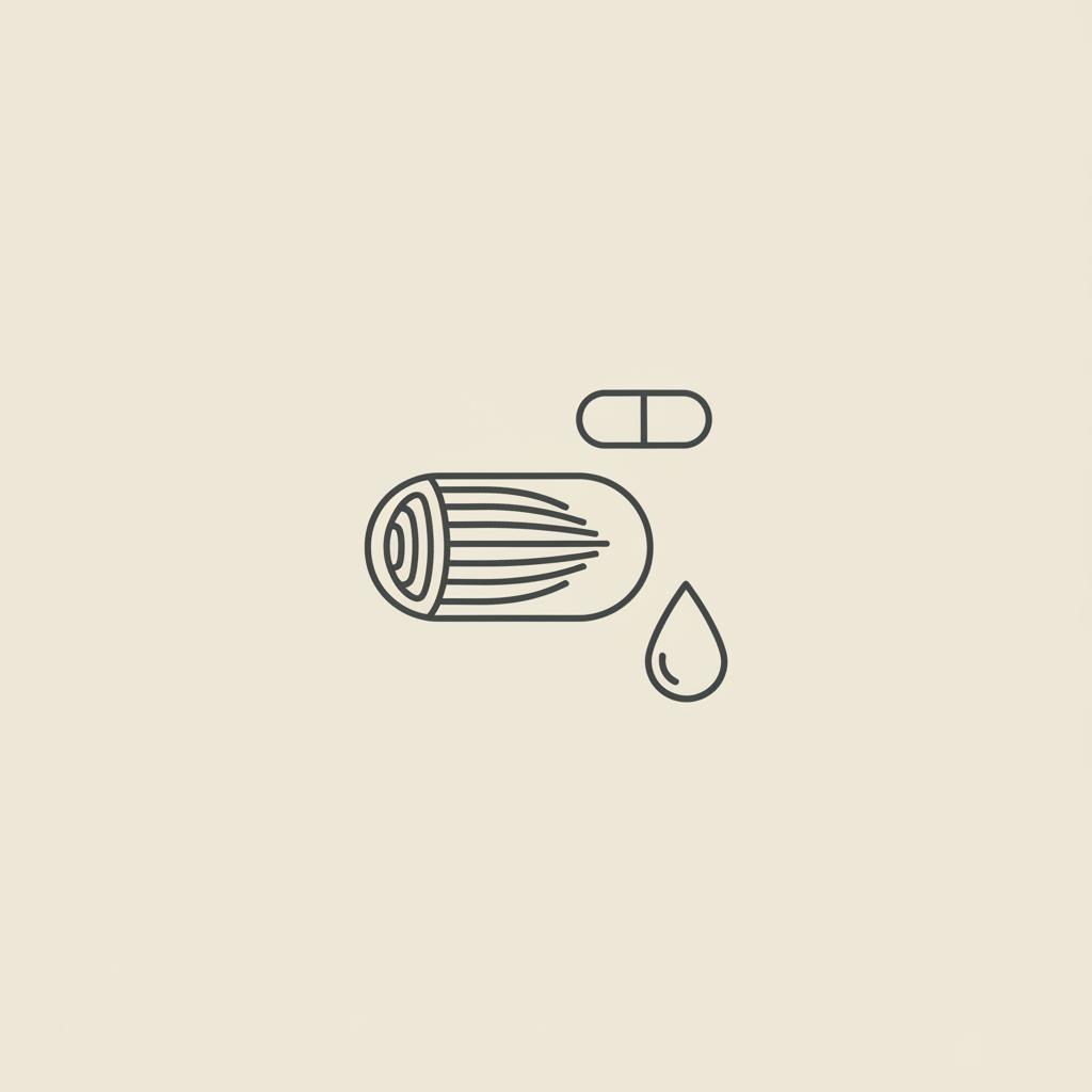 Minimal vector line illustration of an abstract muscle fiber, capsule outline, and water droplet on beige background communicating taurine bodybuilding benefits