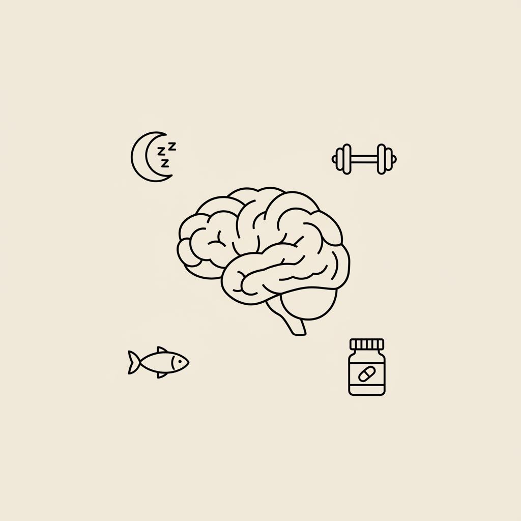 Minimalist line illustration of a stylized brain with sleep, exercise, fish (omega-3) and pill bottle icons, illustrating what damages the brain the most