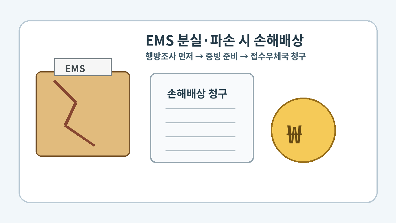 파손된 EMS 상자와
손해배상 청구서 및 보상금을 시각화한 대표 이미지