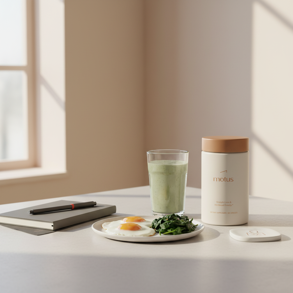 Minimal kitchen counter scene with Tonum Motus jar beside a blended protein shake, plate of eggs and spinach, and a notebook — promoting protein shakes for weight loss in a calm, minimalist setting.
