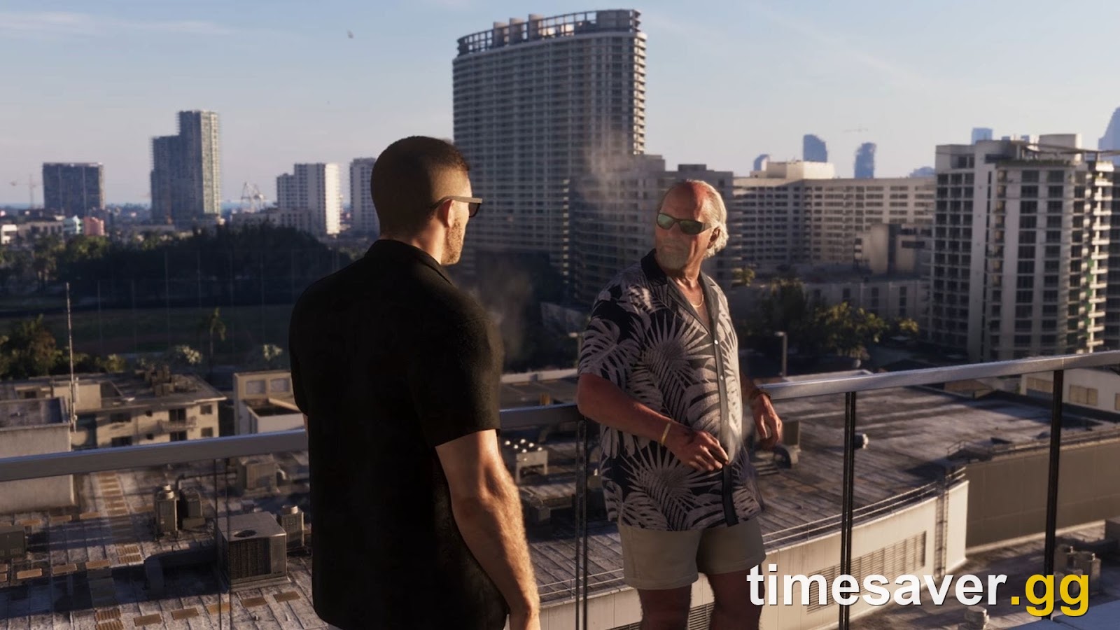 GTA 6 criminal contact meeting on a Vice City rooftop — the fence system for stolen goods