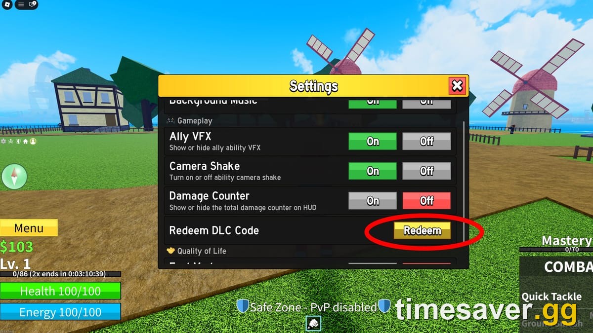 Blox Fruits Settings menu with the Redeem DLC Code button circled — the main way to redeem codes