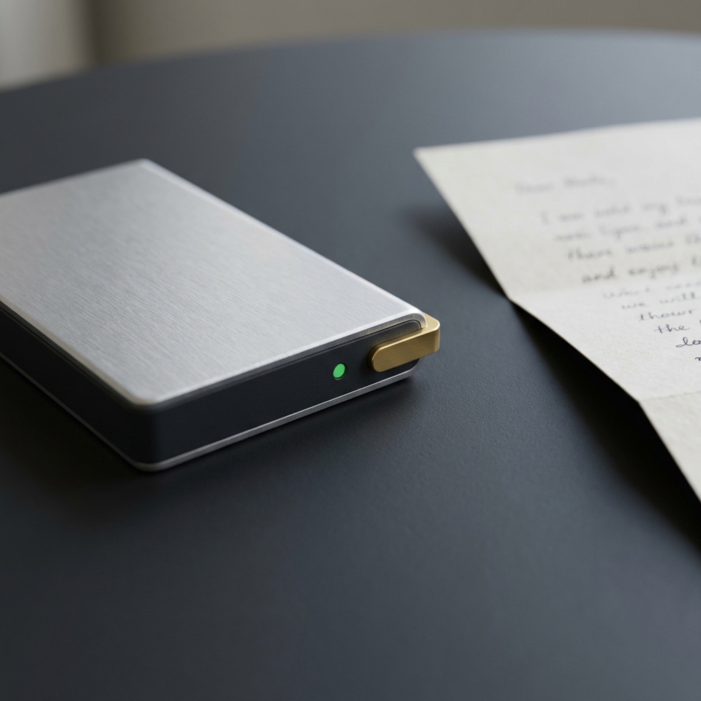 Close up of a hardware wallet and a handwritten secure backup sheet on a dark minimalist table in Finance Police style showing the best platform to buy cryptocurrency