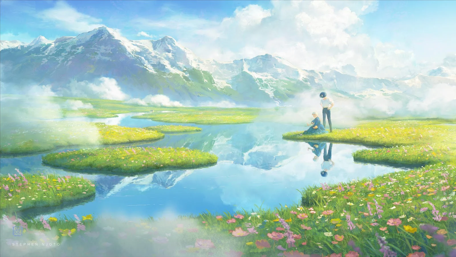 Howl and Sophie at the Lake - Anime Digital Art 4K Wallpaper (4961x2793)