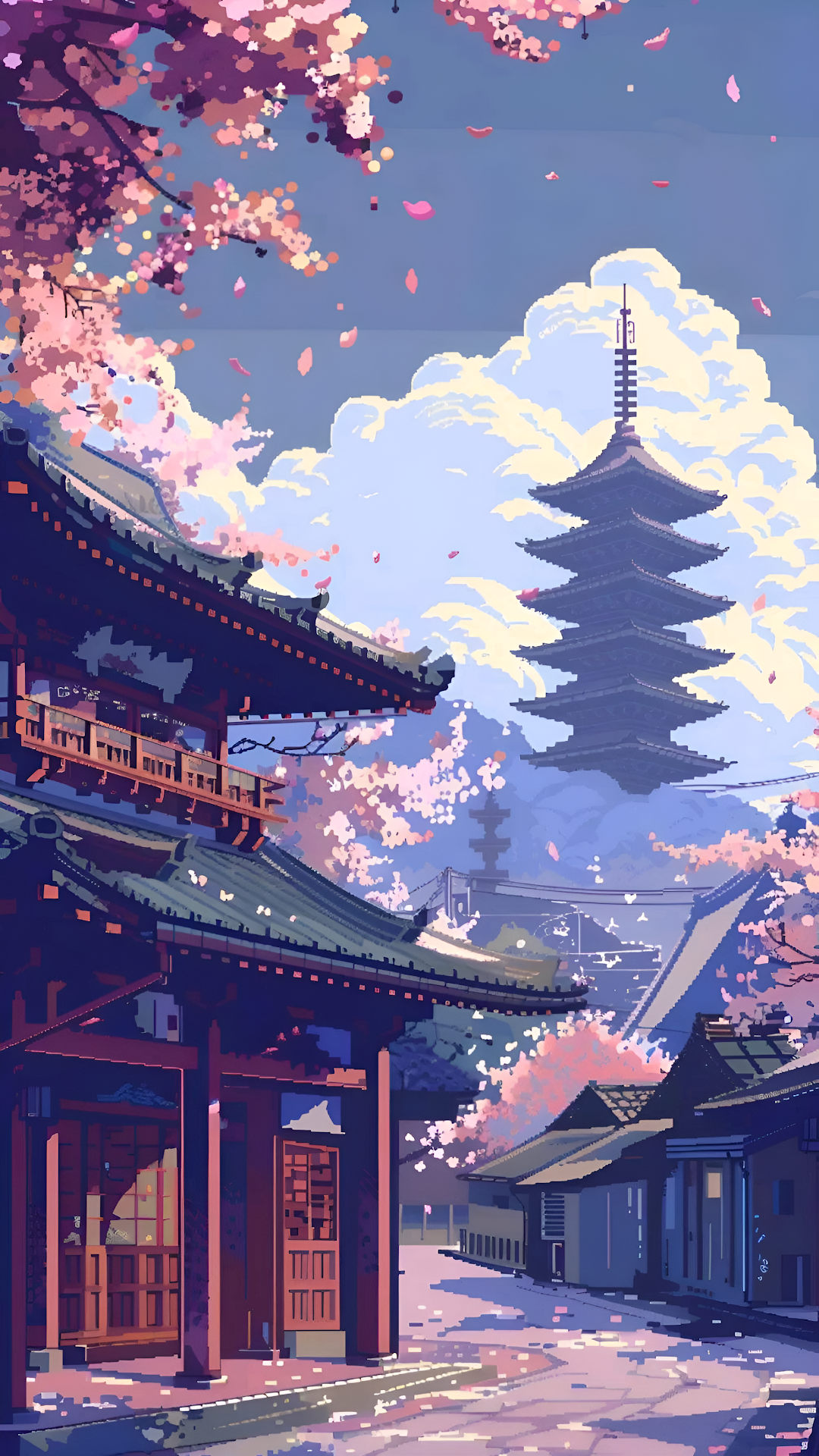 Tranquil Japanese Pagoda Pixel Art, Falling Sakura Blossoms Scene - Free 4K mobile Wallpaper