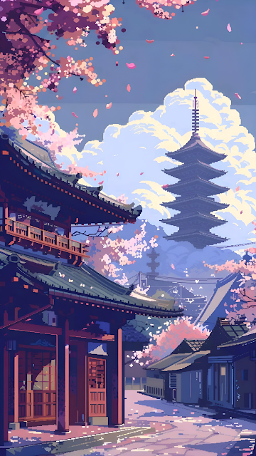 Tranquil Japanese Pagoda Pixel Art, Falling Sakura Blossoms Scene - Free mobile Wallpaper