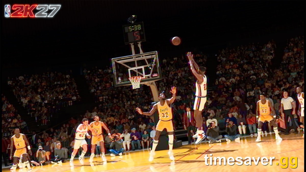 Official NBA 2K27 MyCAREER Eras screenshot of the Magic vs. Bird Era (1984) — the Lakers in a period-accurate arena with retro broadcast presentation