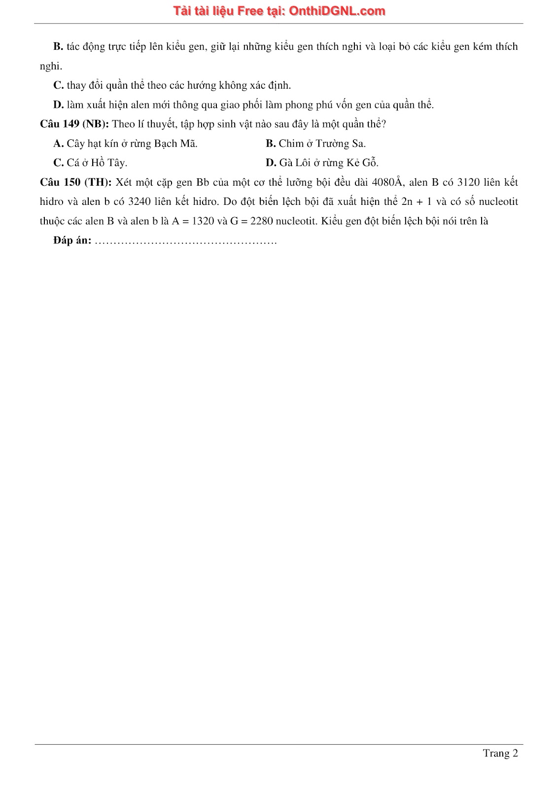 150 bài tập môn Sinh học - Ôn thi ĐGNL ĐHQG HN Phần 11