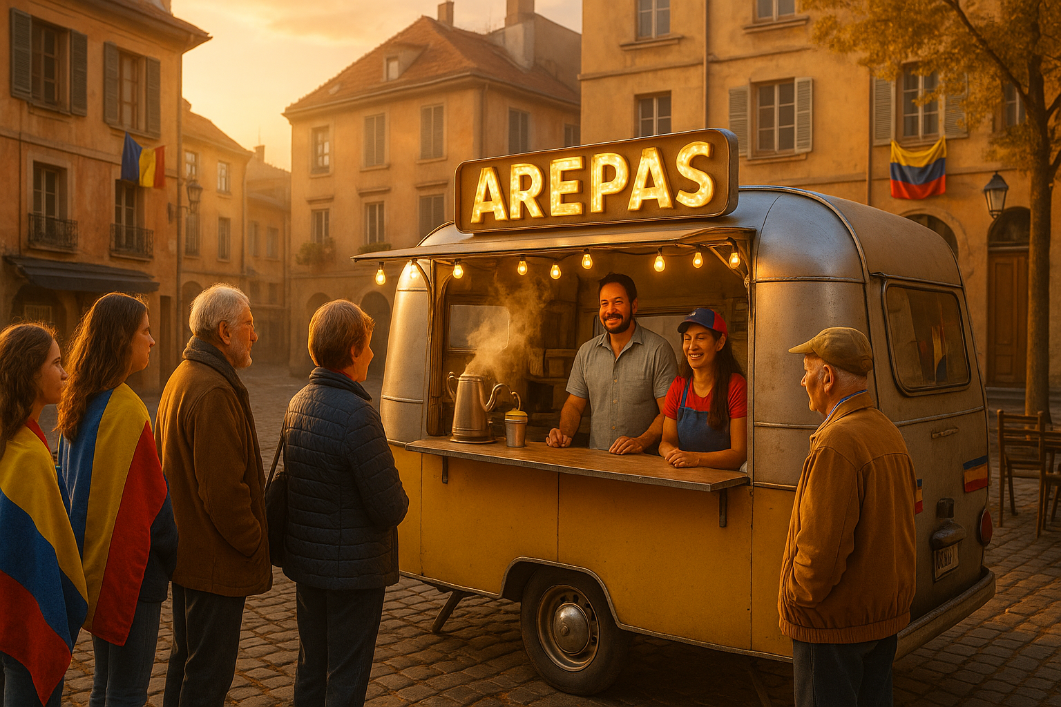 Familia venezolana atendiendo una arepera en una plaza de pueblo europeo