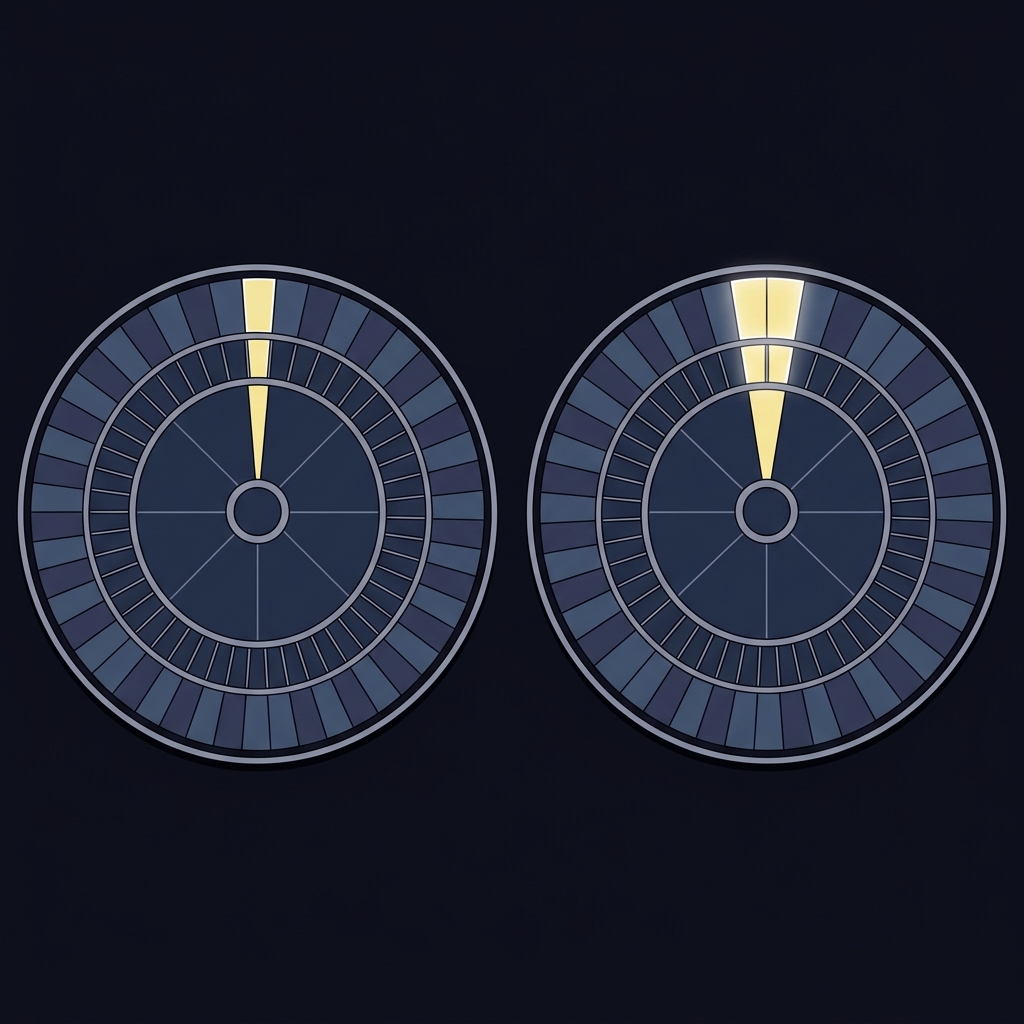 Minimalist 2D vector side by side comparison of a single zero 37 pocket roulette wheel and a double zero 38 pocket roulette wheel highlighting the pocket difference one bet vegas