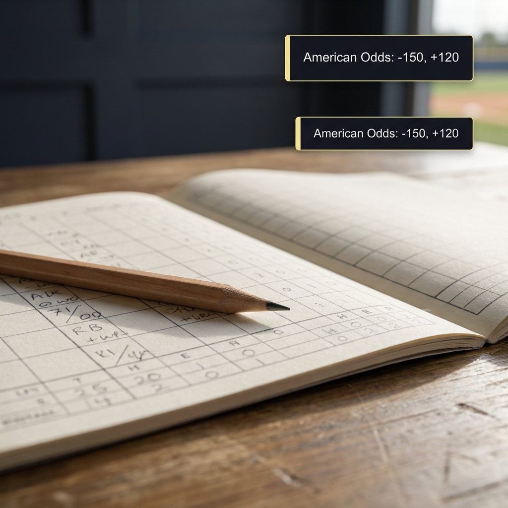 Close up scorebook and pencil showing American odds examples -150 and +120 on a dark Funded Plays style background What Is a Run Line