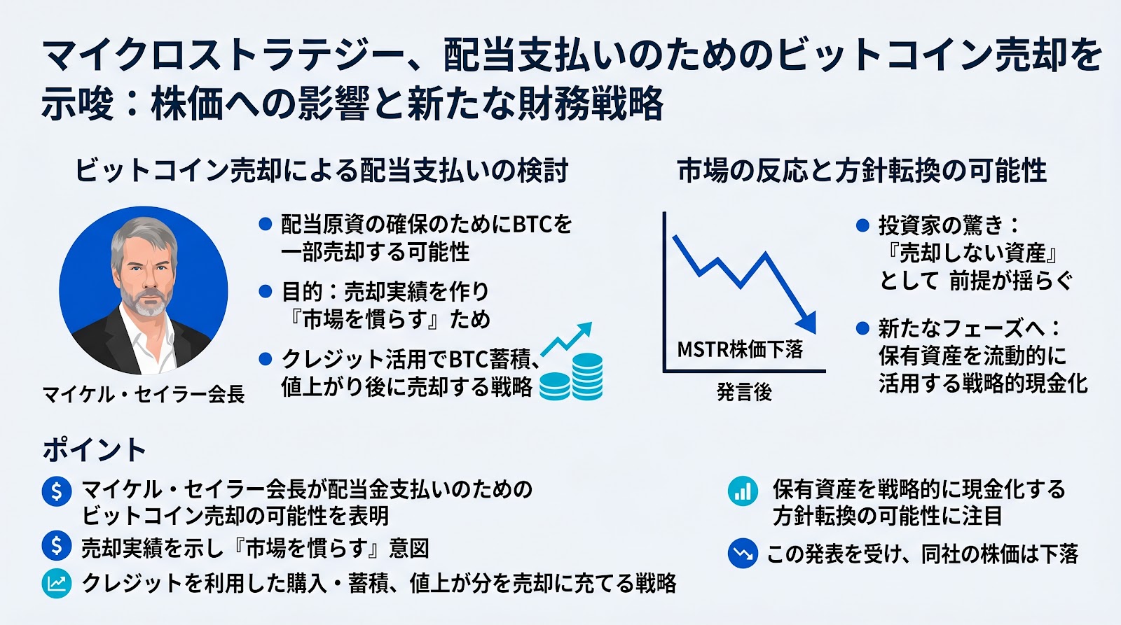 マイクロストラテジー株が下落、配当支払いのためのビットコイン売却を示唆