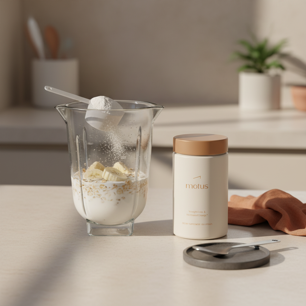 Tonum supplement jar beside a blender with oats, milk, banana and a scoop of protein powder on a beige counter in a minimalist kitchen scene — is a mass gainer a good protein source
