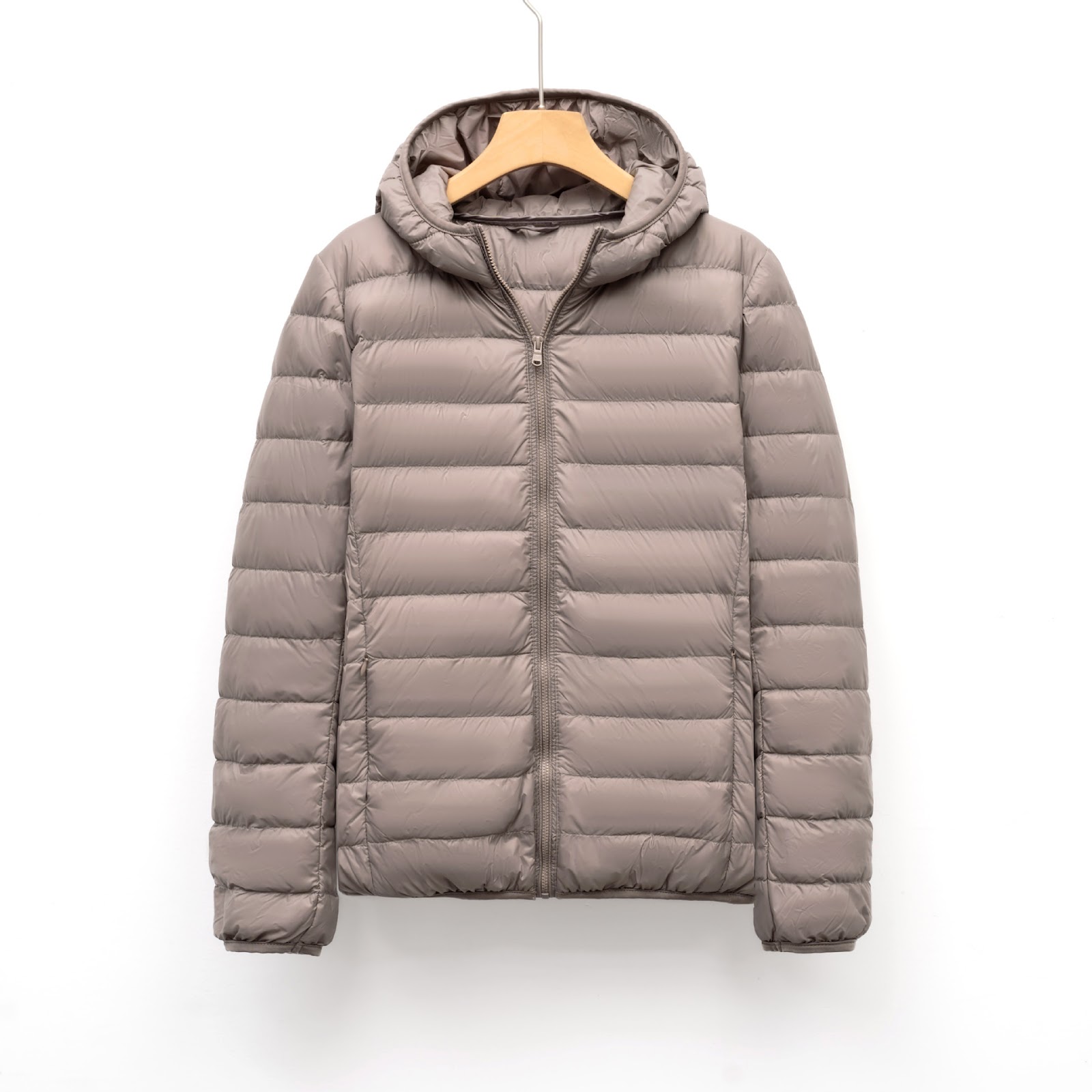 Lightweight women's down jacket with a hood, slim fit