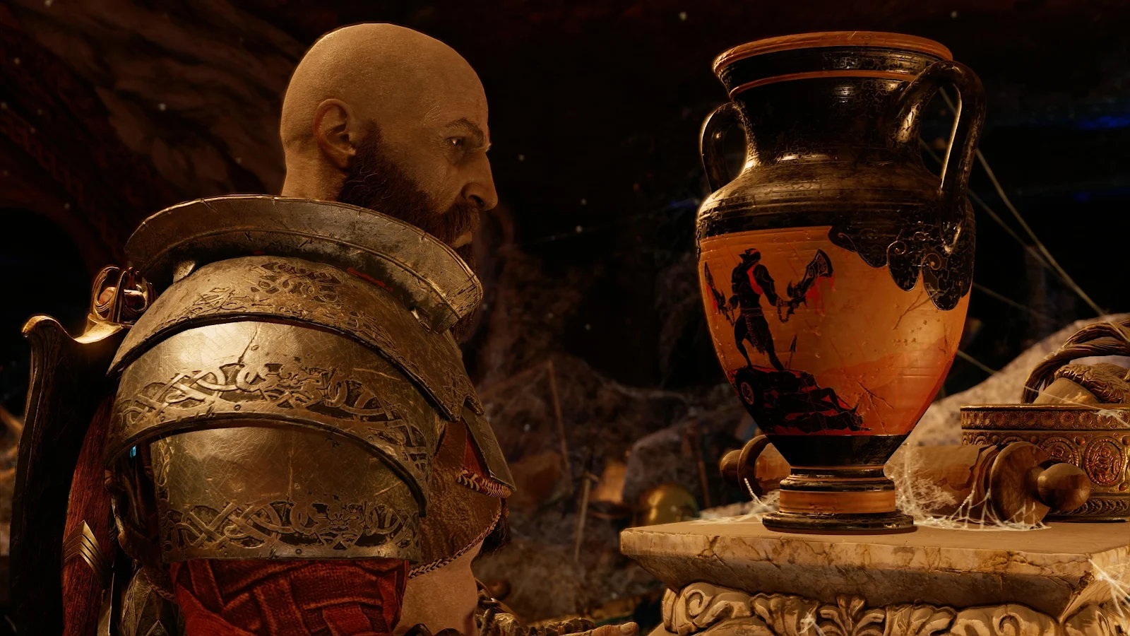 Tyr Inspects The Kratos Vase - Cinematic Game Render 4K Wallpaper (3840x2160)
