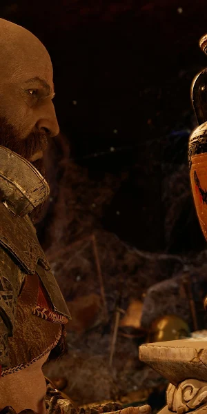 Tyr Inspects The Kratos Vase 4K Wallpaper Background