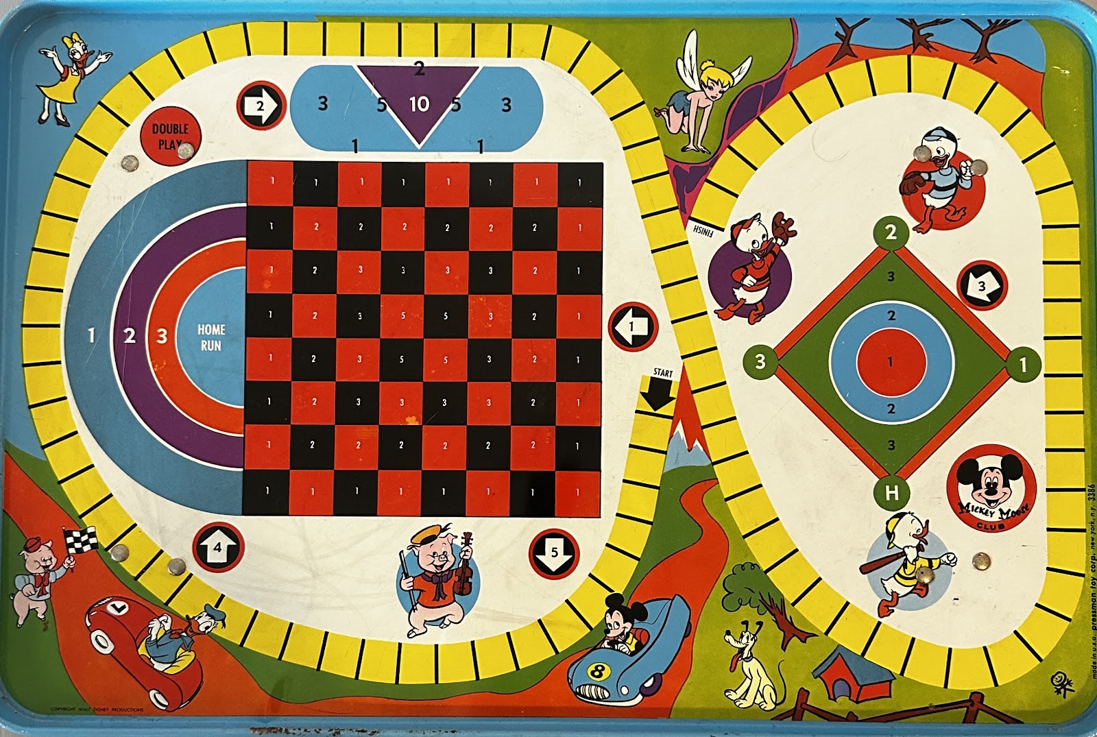Mid-1950s Pressman Toy Mickey Mouse Club tin-litho bagatelle game with the Mickey Mouse Club logo, Disney characters, a baseball diamond and a checkered scoring grid