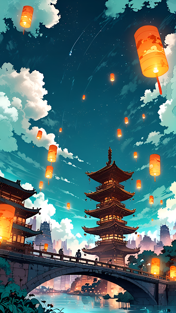 Japanese Pagoda Sky Lantern Festival Teal Sky Anime Style - Free mobile Wallpaper