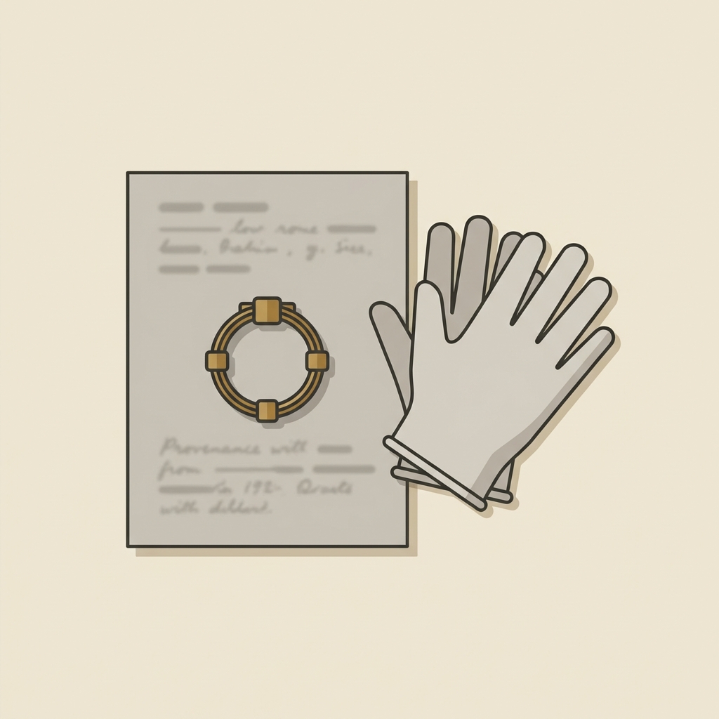 Minimalist 2D vector of ancient wedding rings conservation showing one ring on an archival catalog sheet with blurred provenance notes and folded nitrile gloves nearby