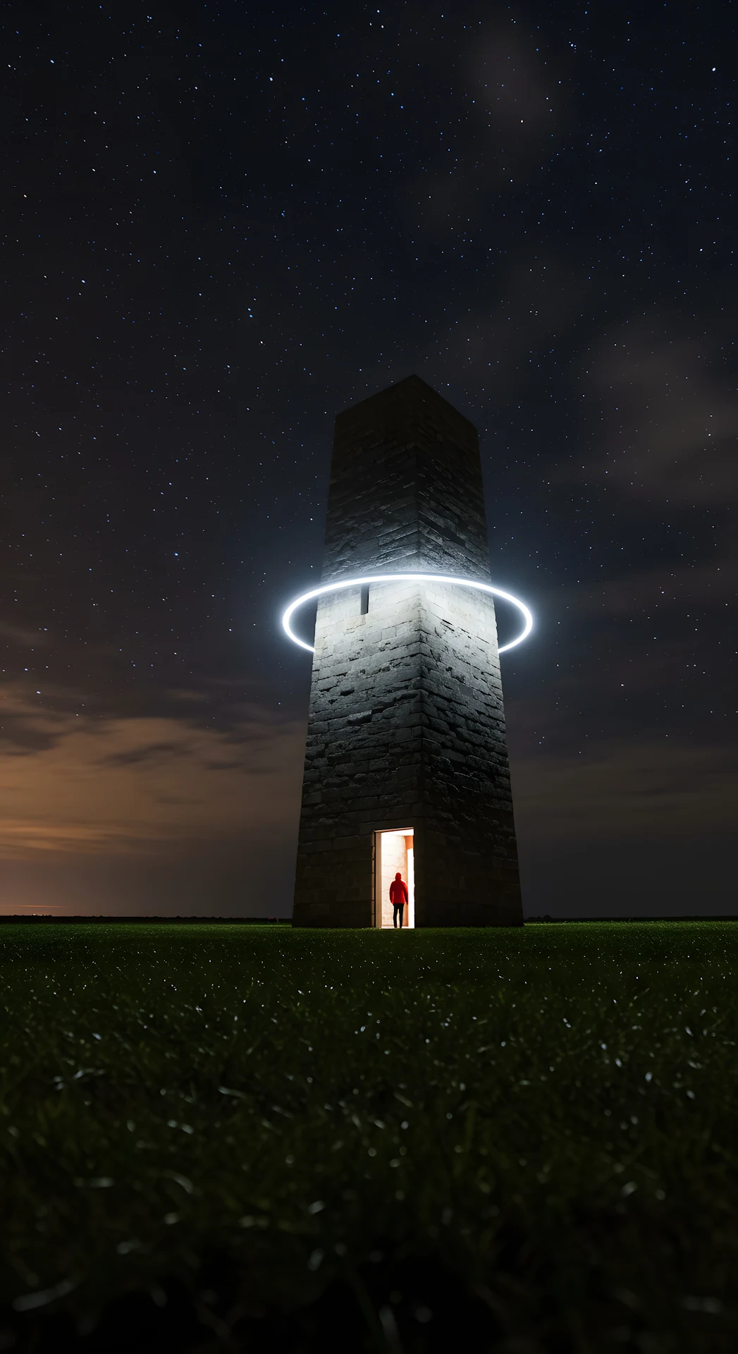 Red Cloak Figure in Lighted Entrance of Stone Tower - Free 4K mobile Wallpaper