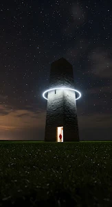 Red Cloak Figure in Lighted Entrance of Stone Tower