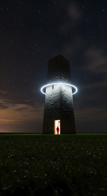Red Cloak Figure in Lighted Entrance of Stone Tower - Free mobile Wallpaper