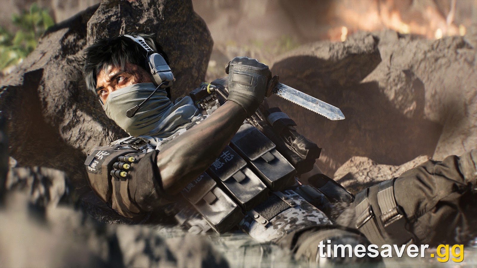 Battlefield 6 soldier lying downed in shallow water behind a rock, drawing a combat knife while under fire