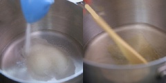 Ngâm gelatine trong nước khoảng 5 phút. Trong lúc đó bắc nồi lên bếp cùng 200ml nước và cho đường vào khuấy đều. Khi nước sôi thì hạ nhỏ lửa sau đó cho gelatine vào khuấy nhanh tay rồi tắt lửa.