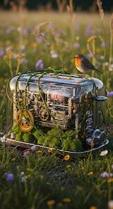 Steampunk Toaster Machine in a Wildflower Meadow