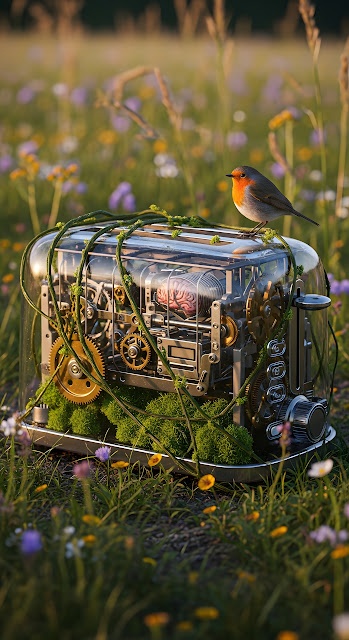 Steampunk Toaster Machine in a Wildflower Meadow - Free mobile Wallpaper