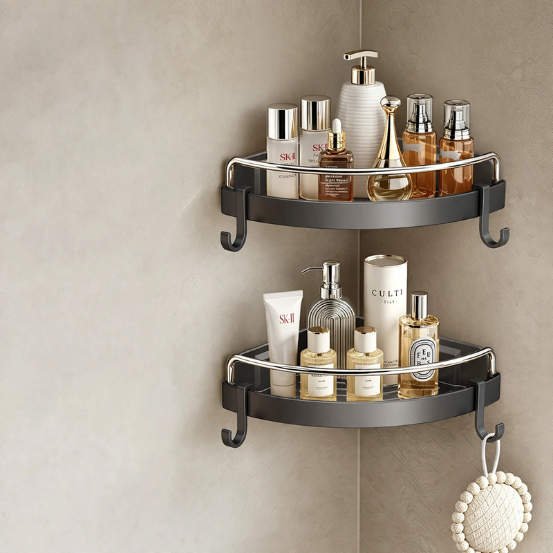 Triangular corner shelf for bathroom, plastic and aluminum
