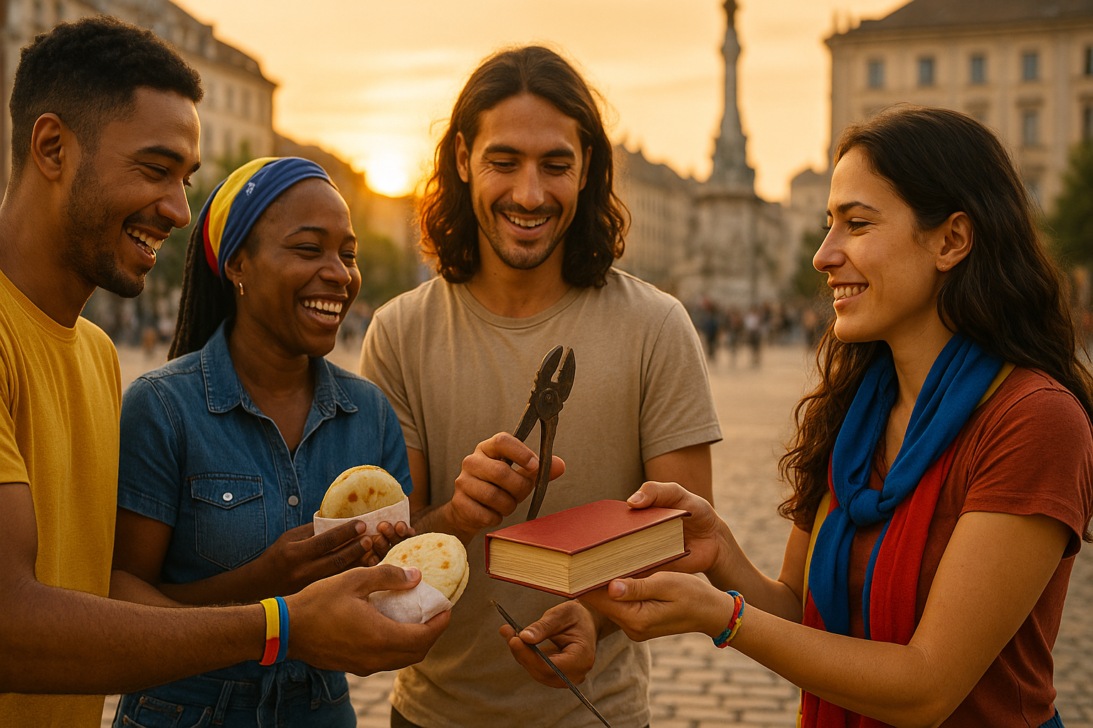 Venezolanos en el exterior intercambiando productos y servicios en una plaza
