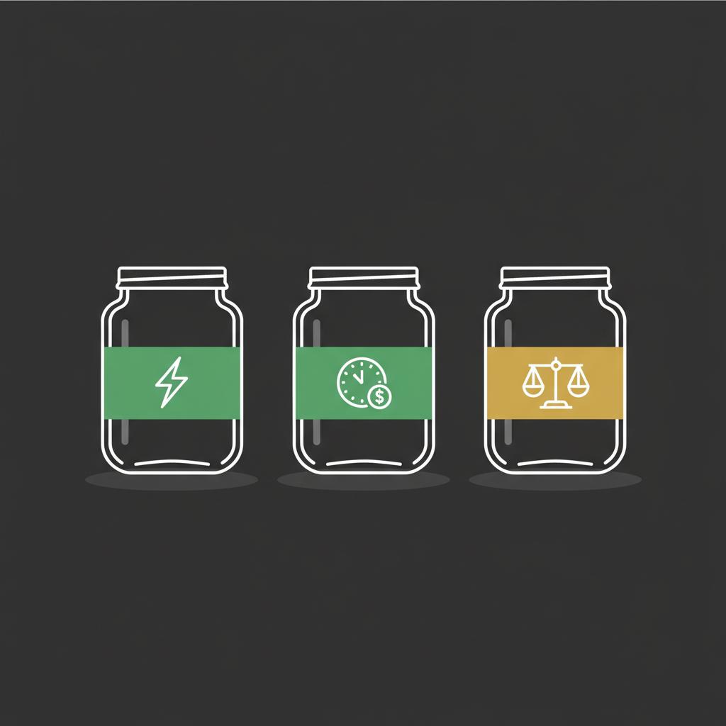 Minimal vector illustration of three savings jars on dark tabletop with icon bands representing active passive and taxes how to make $100 a day