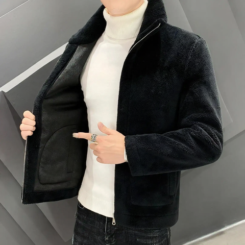 Men's jacket with faux shearling, lined, stand-up collar