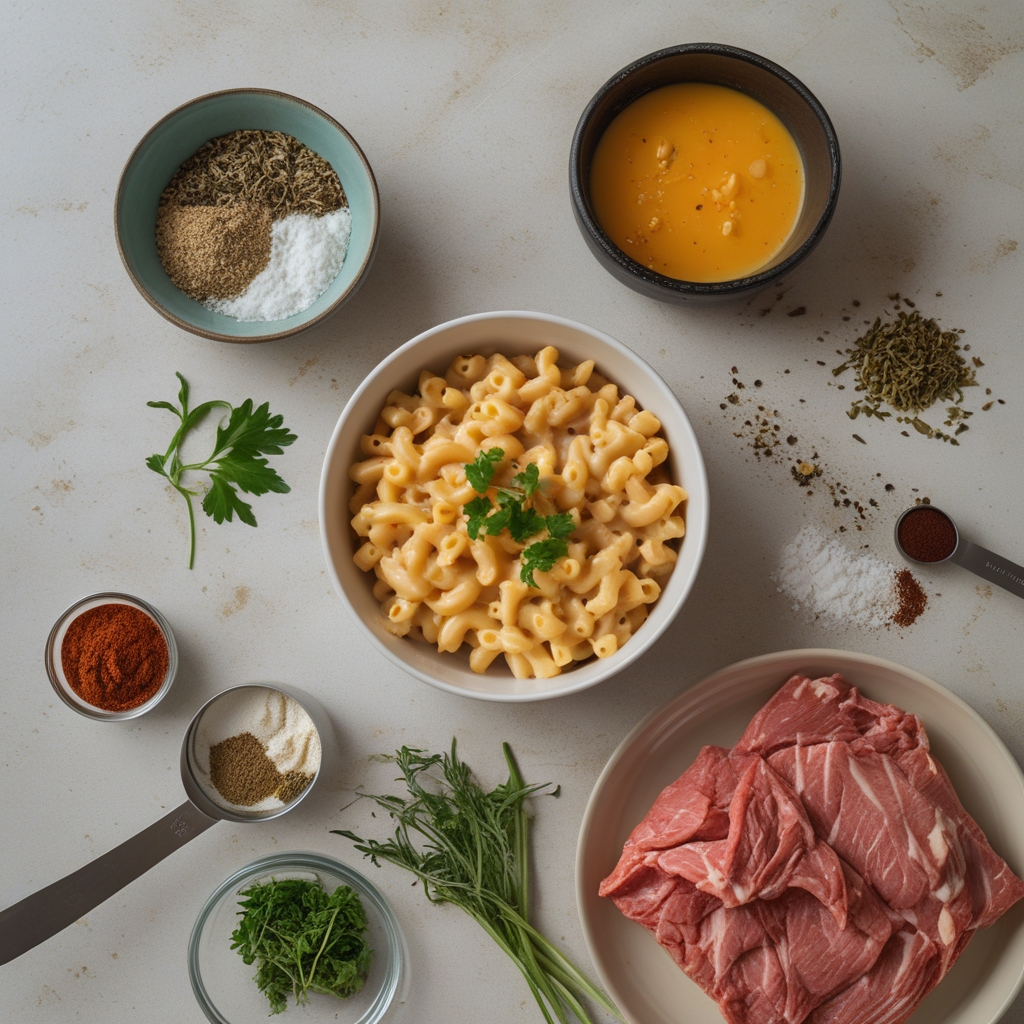 Ingredients for High-Protein Creamy Philly Cheesesteak Mac & Cheese - Easy Comfort Food for Weeknights