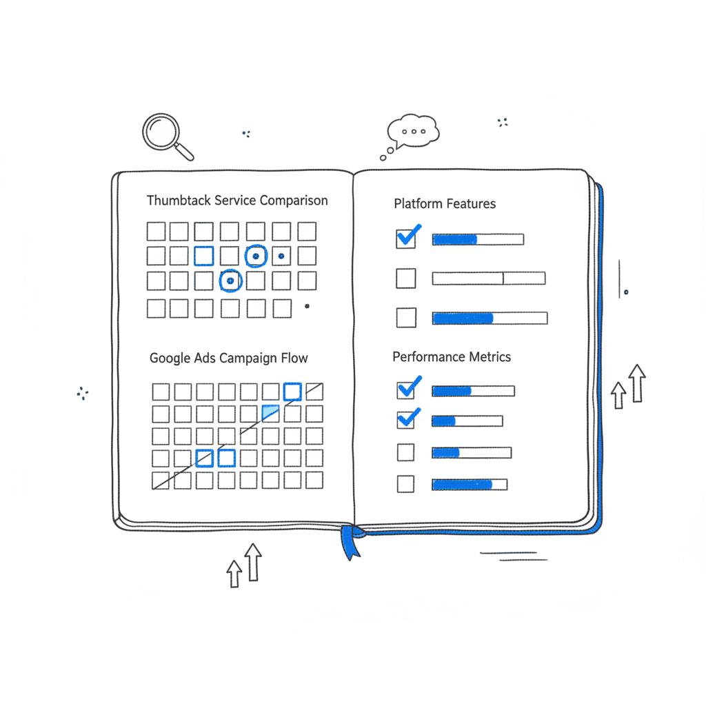 Close-up vector sketch of 60-day calendar and lead-tracking checklist with phone, clipboard and review stars &mdash; thumbtack vs google ads