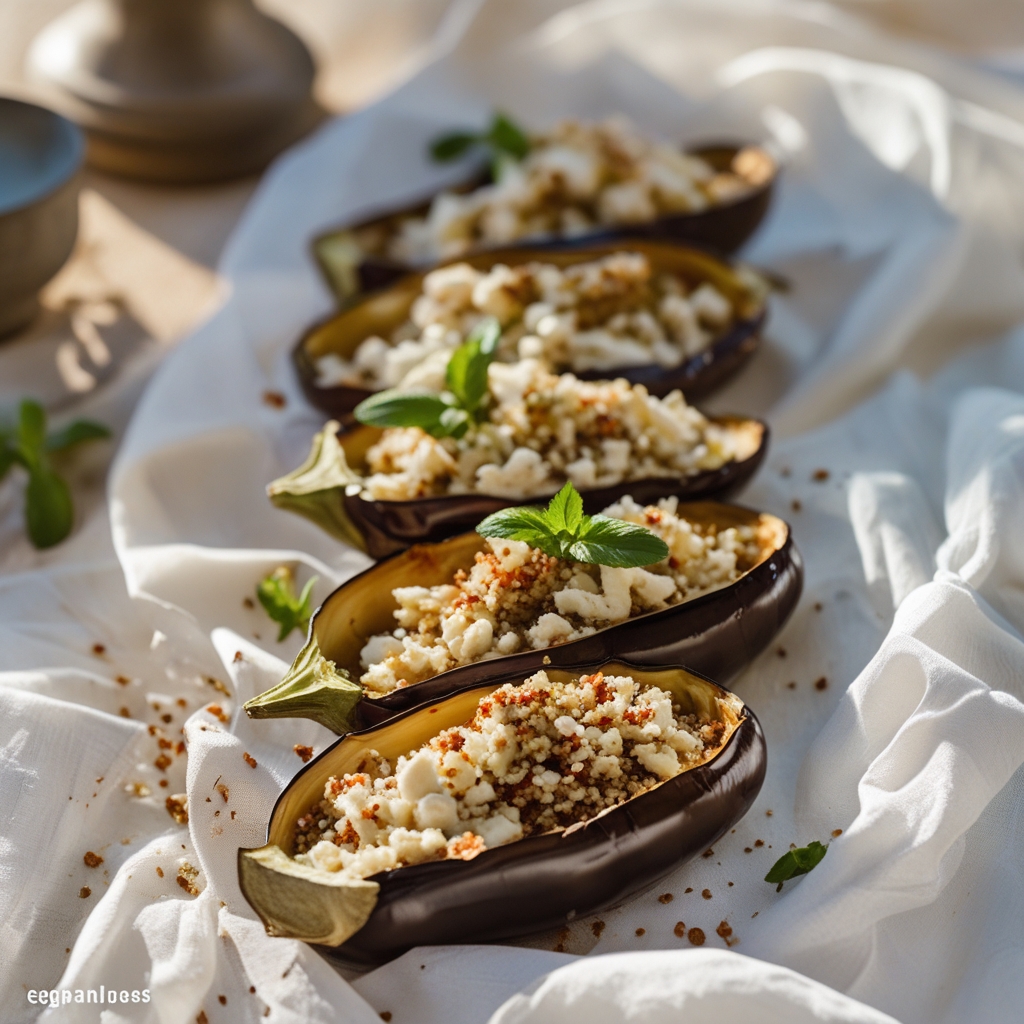 Dukkah-Spiced Turkey & Quinoa Stuffed Eggplant Boats with Whipped Feta